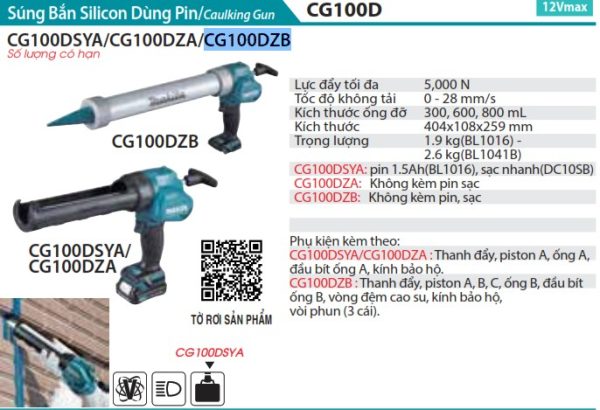 Súng Bắn Silicon Dùng Pin(12V MAX) (không kèm pin sạc) - Makita CG100DZB