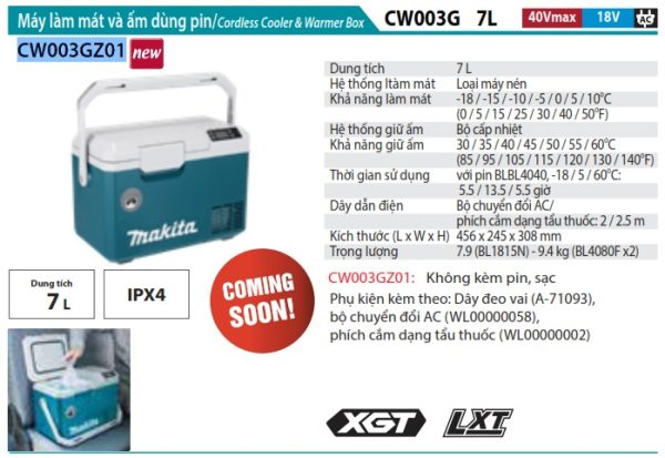 Máy Làm Mát Và Ấm Dùng Pin(7L)(40V/18V/AC)  (không kèm pin sạc) - Makita CW003GZ01