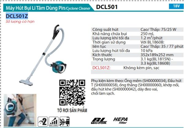 Máy Hút Bụi Li Tâm Dùng Pin(HEPA/BL) (không kèm pin sạc) - Makita DCL501Z