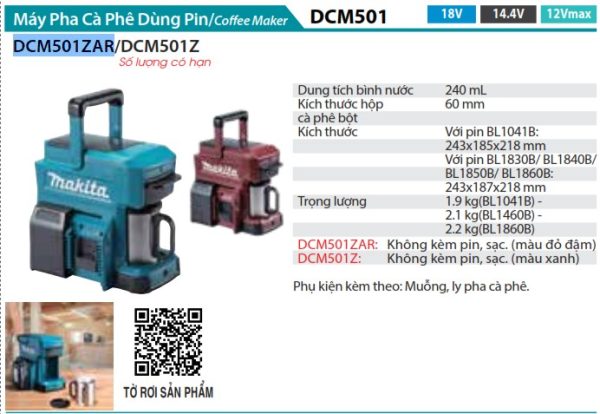 Máy Pha Cà Phê Dùng Pin(18V/14.4V/12V MA (không kèm pin sạc) - Makita DCM501ZAR