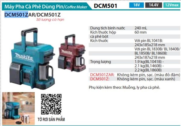 Máy Pha Cà Phê Dùng Pin(18V) (không kèm pin sạc) - Makita DCM501Z