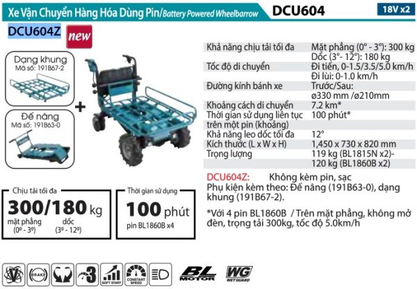 Xe Vận Chuyển Hàng Hóa Dùng Pin(DẠNG KHUNG/BL)(18VX2) - Makita DCU604Z