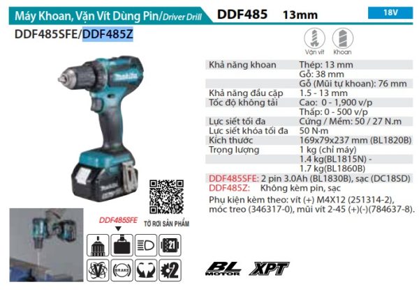Máy Khoan Và Vặn Vít Dùng Pin(BL)(18V) (không kèm pin sạc) - Makita DDF485Z