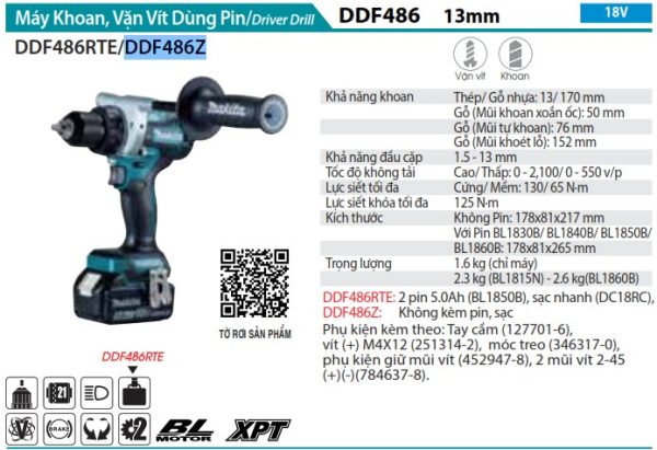 Máy Khoan Và Vặn Vít Dùng Pin(BL)(18V) (không kèm pin sạc) - Makita DDF486Z