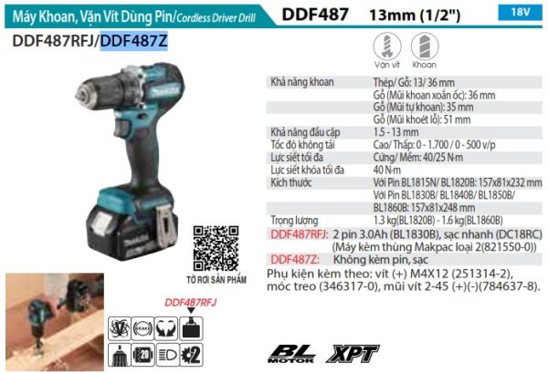 Máy Khoan Và Vặn Vít Dùng Pin(BL)(18V) (không kèm pin sạc) - Makita DDF487Z