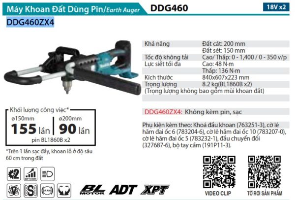 Máy Khoan Đất Dùng Pin(BL)(18VX2) (không kèm pin sạc) - Makita DDG460ZX4