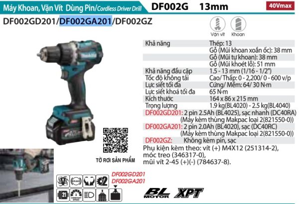 Máy Khoan Và Vặn Vít Dùng Pin(BL)(40V MA (kèm 02 pin 2.0AH + sạc) - Makita DF002GA201