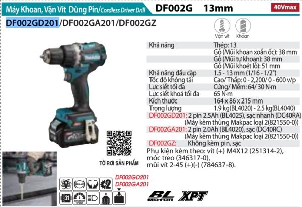 Máy Khoan Và Vặn Vít Dùng Pin(BL)(40V MA (kèm 02 pin 2.5 Ah + sạc) - Makita DF002GD201