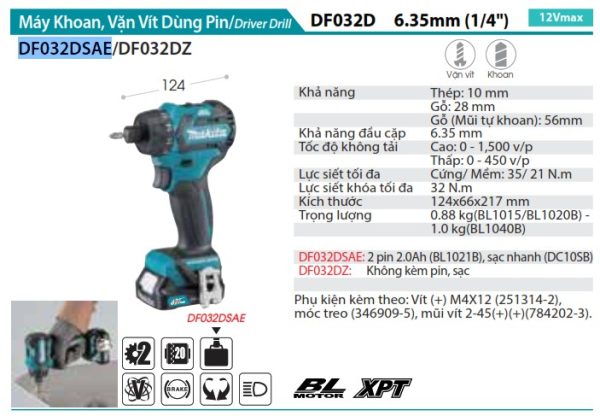 Máy Khoan Và Vặn Vít Dùng Pin(BL)( kèm 02 pin 2.0 + sạc) - Makita DF032DSAE