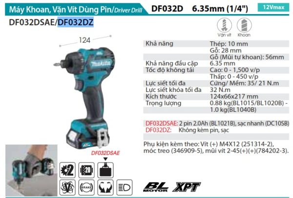 Máy Khoan Và Vặn Vít Dùng Pin(BL)(12V MA (không kèm pin sạc) - Makita DF032DZ