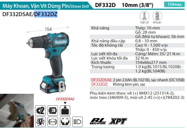 Máy Khoan Và Vặn Vít Dùng Pin(BL) (không kèm pin sạc) - Makita DF332DZ