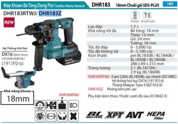 Máy Khoan Bê Tông Dùng Pin(CHUÔI GÀI SDS'-PLUS/18MM/BL)(18V) - Makita DHR183Z