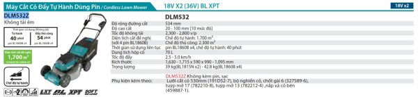 Máy Cắt Cỏ Đẩy Dùng Pin(530MM/BL)(18VX2) (không kèm pin sạc) - Makita DLM532Z