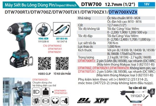 Máy Siết Bu Lông Dùng Pin(12.7MM/DÂY ĐEO (không kèm pin sạc) - Makita DTW700XVZX