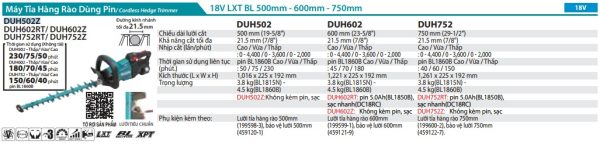 Máy Tỉa Hàng Rào Dùng Pin(500MM/BL)(18V) (không kèm pin sạc) - Makita DUH502Z