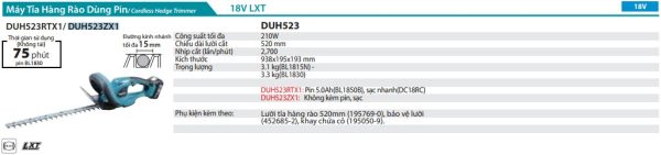 Máy Tỉa Hàng Rào Dùng Pin(520MM)(18V) (không kèm pin sạc) - Makita DUH523ZX1