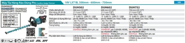 Máy Tỉa Hàng Rào Dùng Pin(600MM/BL)(18V) (kèm 01 pin 5.0 + sạc nhanh) - Makita DUH602RT