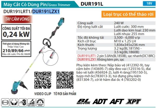 Máy Cắt Cỏ Dùng Pin(BL)(18V) (không kèm pin sạc) - Makita DUR190UZX1