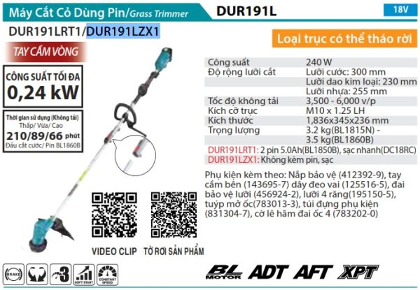 Máy Cắt Cỏ Dùng Pin (không kèm pin sạc) - Makita DUR191LZX1