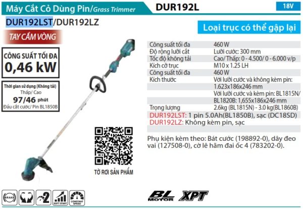 Máy Cắt Cỏ Dùng Pin(LOOP HANDLE/BL) (kèm  01 pin 5.0Ah + sạc nhanh) - Makita DUR192LST