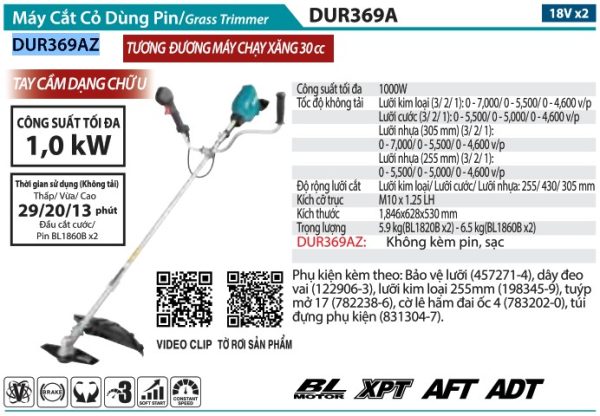 Máy Cắt Cỏ Dùng Pin(BL)(18Vx2) (không kèm pin sạc) - Makita DUR369AZ