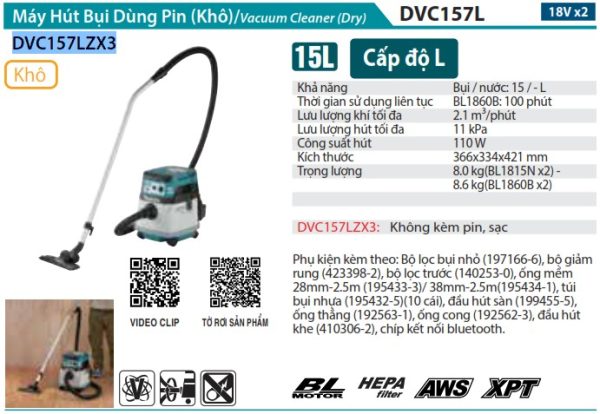 Máy Hút Bụi Dùng Pin(không kèm pin sạc) - Makita DVC157LZX3