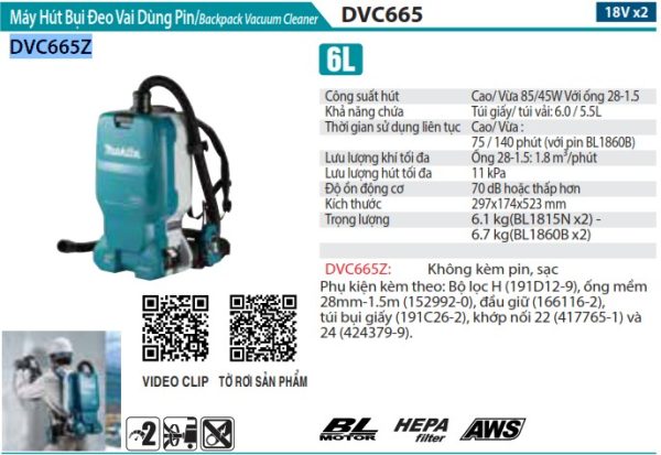 Máy Hút Bụi Đeo Vai Dùng Pin(HEPA/BL)(18 (không kèm pin sạc) - Makita DVC665Z