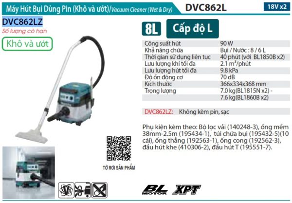 Máy Hút Bụi Dùng Pin(18VX2) (không kèm pin sạc) - Makita DVC862LZ