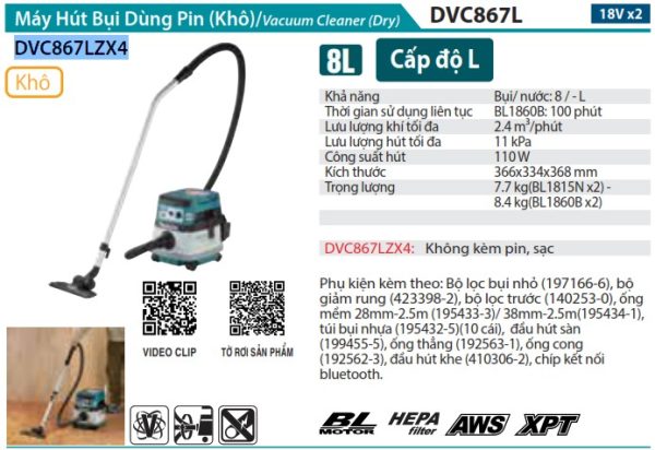 Máy Hút Bụi Dùng Pin (không kèm pin sạc) - Makita DVC867LZX4