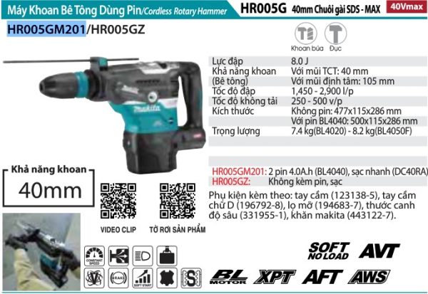 Máy Khoan Bê Tông Dùng Pin(kèm 02 pin 4.0Ah + sạc nhanh) - Makita HR005GM201