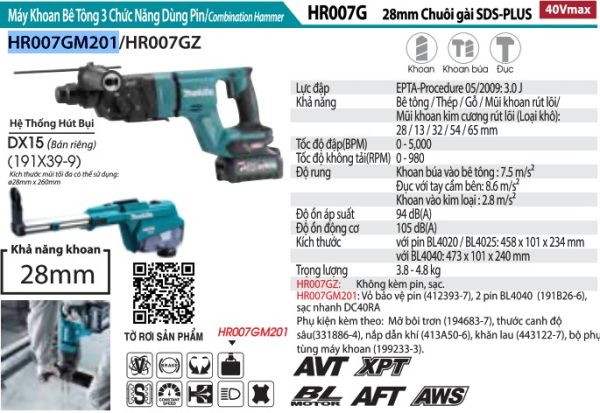 Máy Khoan Bê Tông 3 Chức Năng Dùng Pin(kèm 02 pin 4.0Ah + sạc nhanh) - Makita HR007GM201