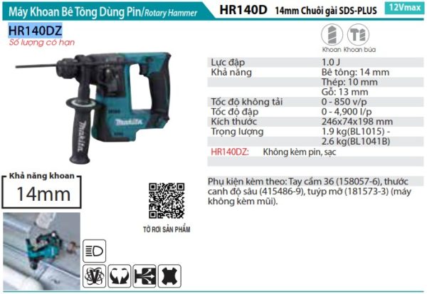 Máy Khoan Bê Tông Dùng Pin(không kèm pin sạc) - Makita HR140DZ
