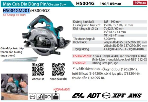 Máy cưa đĩa dùng Pin 40V Max Makita HS004GM201