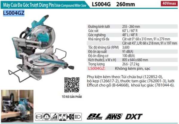 Máy cưa đa góc trượt dùng pin Makita LS004GZ