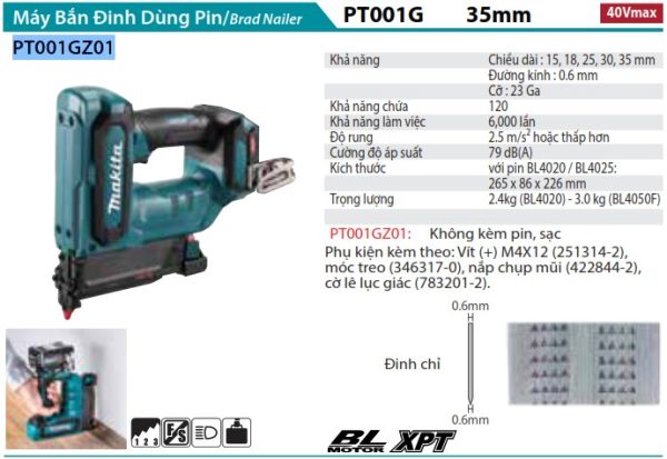 MÁY BẮN ĐINH DÙNG PIN Makita PT001GZ01 (BL)(40V MAX) (không kèm pin sạc)