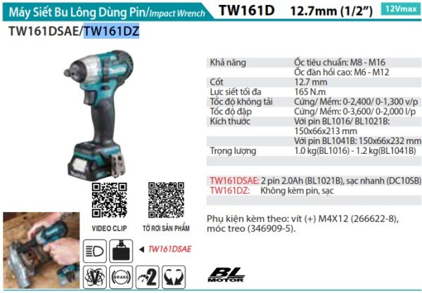 MÁY SIẾT BU LÔNG DÙNG PIN Makita TW161DZ (12.7MM/BL) (không kèm pin sạc)
