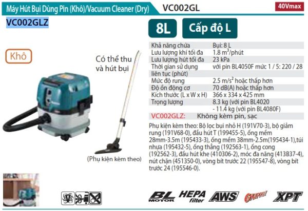 MÁY HÚT BỤI DÙNG PIN Makita VC002GLZ (KHÔ)(HEPA/AWS/8L/