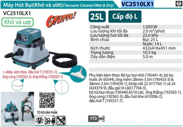 MÁY HÚT BỤI Makita VC2510LX1 (ƯỚT&KHÔ)