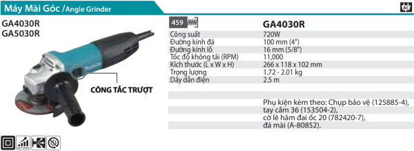 Máy Mài Góc(100MM/720W/CÔNG TẮC TRƯỢT) - Makita GA4030R