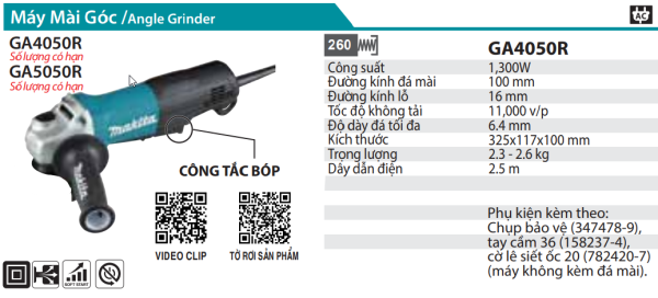 Máy Mài Góc(100MM/1300W/CÔNG TẮC BÓP) - Makita GA4050R