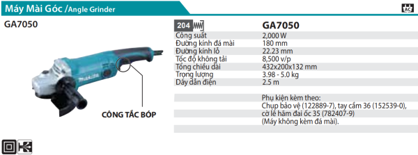 Máy Mài Góc(180MM/2000W/CÔNG TẮC BÓP) - Makita GA7050